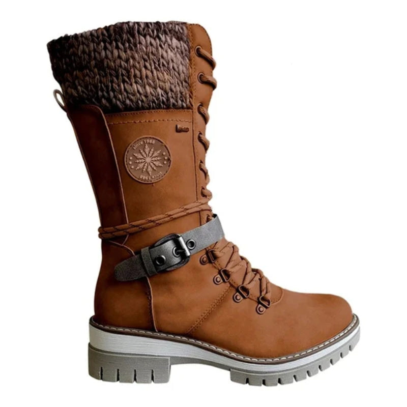 Women's Winter Lace-Up Boots with Rounded Toe, Block Heel, and Buckle.