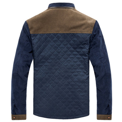 Giacca trapuntata uomo blu e marrone, maniche lunghe, design elegante, moda autunno inverno, abbigliamento casual, tessuto resistente.