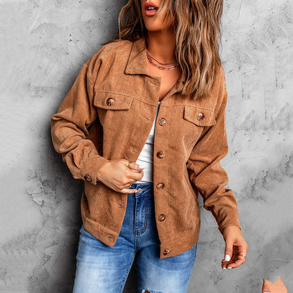 Women's Corduroy Shirt Jacket with Single-Breasted Button Closure and Long Sleeves