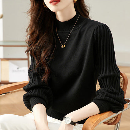 Women's Half-High Sweater with Long Sleeves and Striped Texture