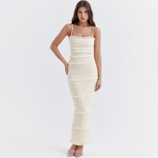 Women's Long Dress with Thin Straps and Sequin Details – Elegant