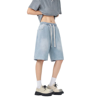 Herreshorts i denim med elastisk talje og lige ben