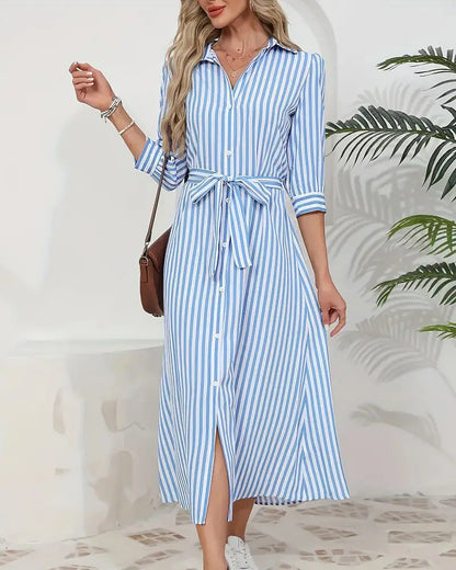 Vestido camisero de mujer a rayas con cuello de solapa y botones delanteros