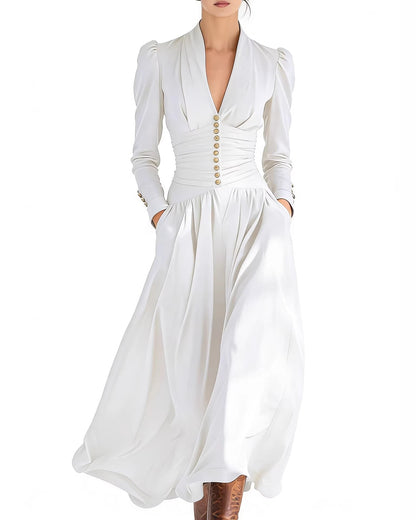 Women's Autumn Fitted Dress with High Waist and Pleats – Elegant Solid Color Midi Dress