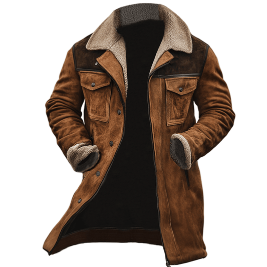 Men's Long Winter Coat with Buttons and Shearling Trim Style