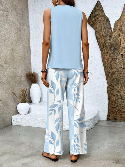 Women's Summer Two-Piece Set with Layered Top and Wide-Leg Pants