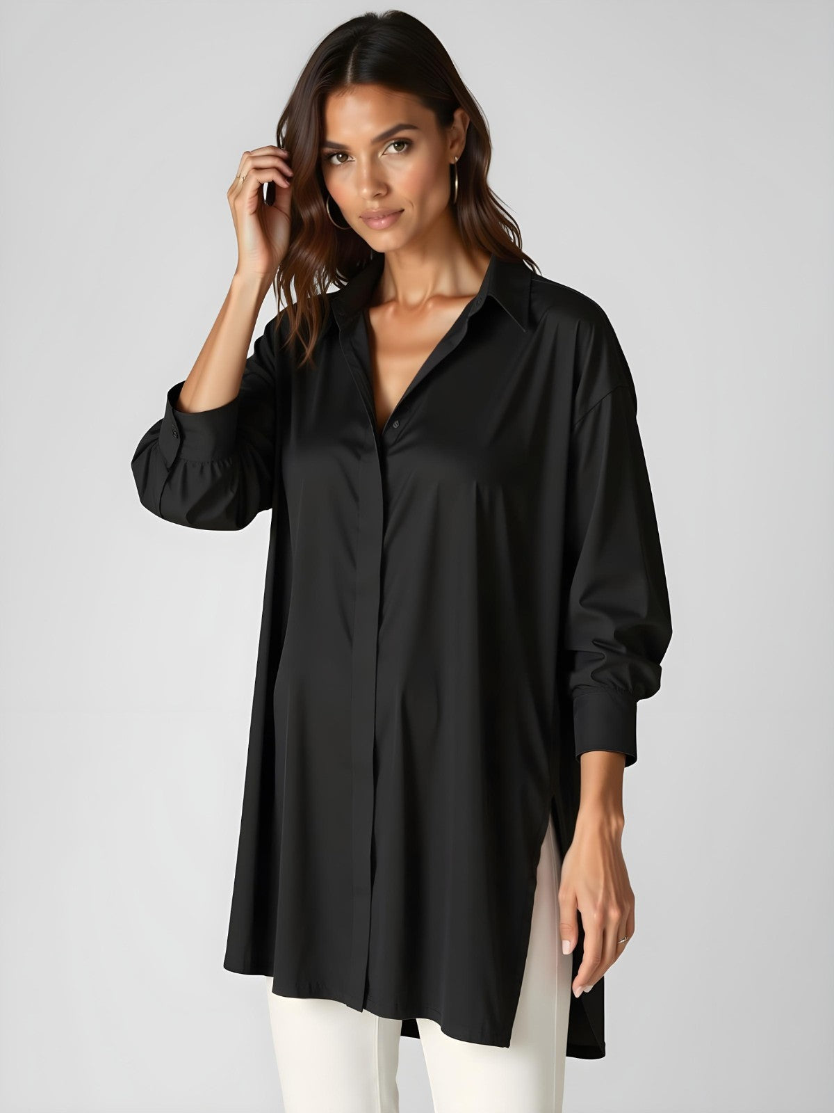 Women's Oversized Shirt Dress with Notched Collar, Front Buttons, Side Slit – Cotton Style