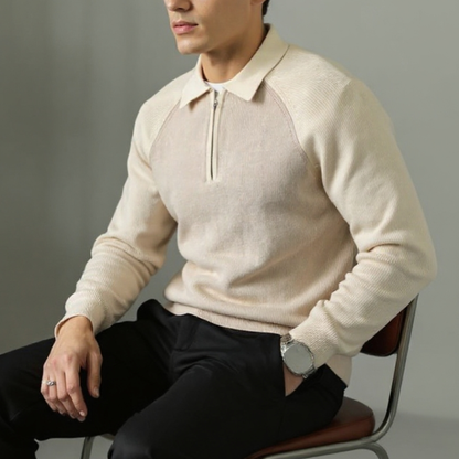 Herre business sweater med lynlås, polo-krave og raglanærmer – Strikstil