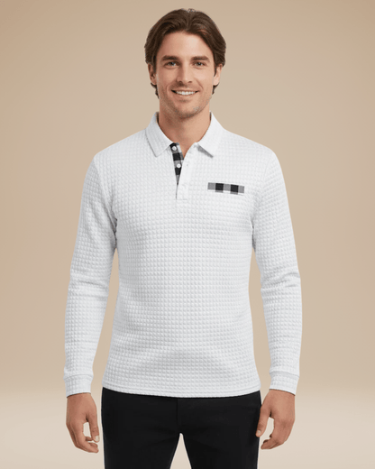 Polo de hombre de punto tipo panal con escote abotonado y mangas largas