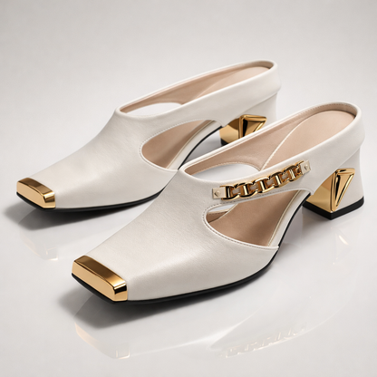 Mule Donna Tacco Punta Quadrata Metallo Lucido Tacco Largo – Scarpe Eleganti