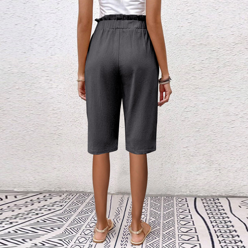 Pantaloncini Estivi Donna a Vita Alta con Tasche e Dettaglio Bottoni – Cotone Blend