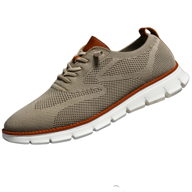 Scarpa da ginnastica beige in tessuto traspirante con suola bianca, design moderno e dettagli marroni. Scarpe casual uomo, moda e comfort.