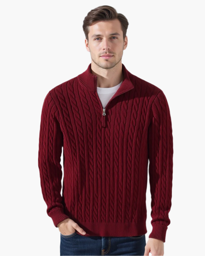 Maglione uomo rosso bordeaux a trecce con zip, stile casual elegante, perfetto per l'autunno e l'inverno. Moda maschile, abbigliamento caldo.