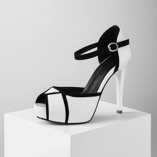 Women's Platform Stiletto Heels with Ankle Strap and Geometric Design – Elegant Style