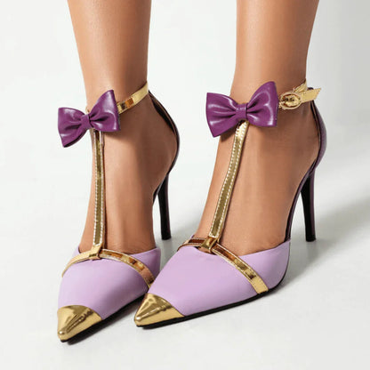 Décolleté Donna con Tacco a Stiletto, Punta Affusolata, Cinturino T-Bar e Fiocco – Dettagli Oro