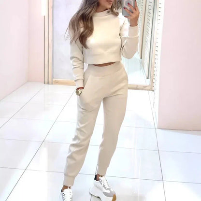 Women's Two-Piece Set with Cropped Sweater and Elastic Waist Pants