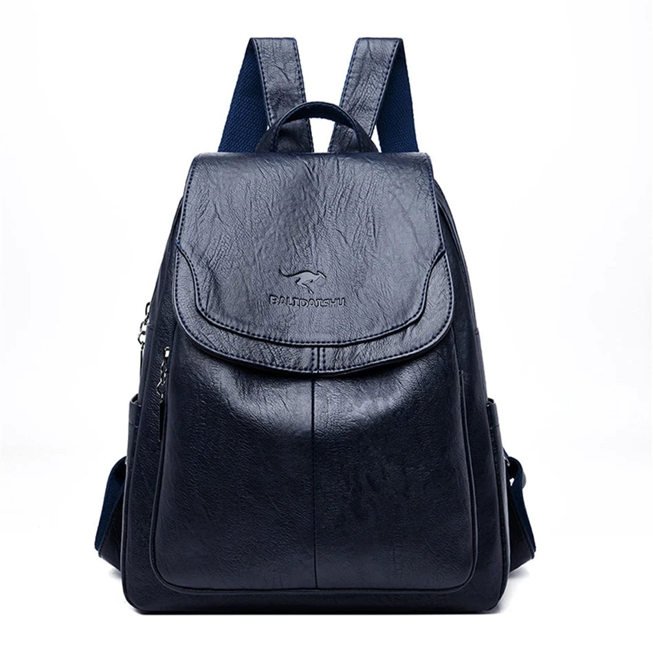 Zaino in pelle nera elegante con tasche multiple, design moderno e resistente, ideale per viaggi, scuola e lavoro. Accessorio moda versatile.