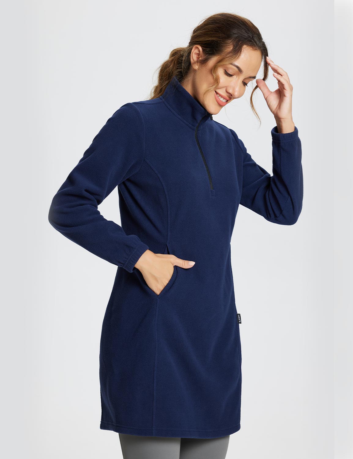 Abito Tunica Invernale da Donna con Mezza Zip, Collo Alto e Tasca Marsupio