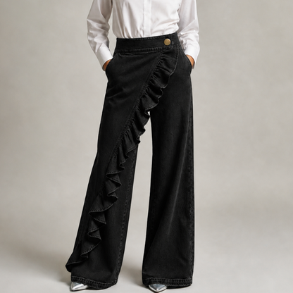 Pantaloni Gonna Donna a Vita Alta con Volant e Gamba Larga – Stile Elegante Casual