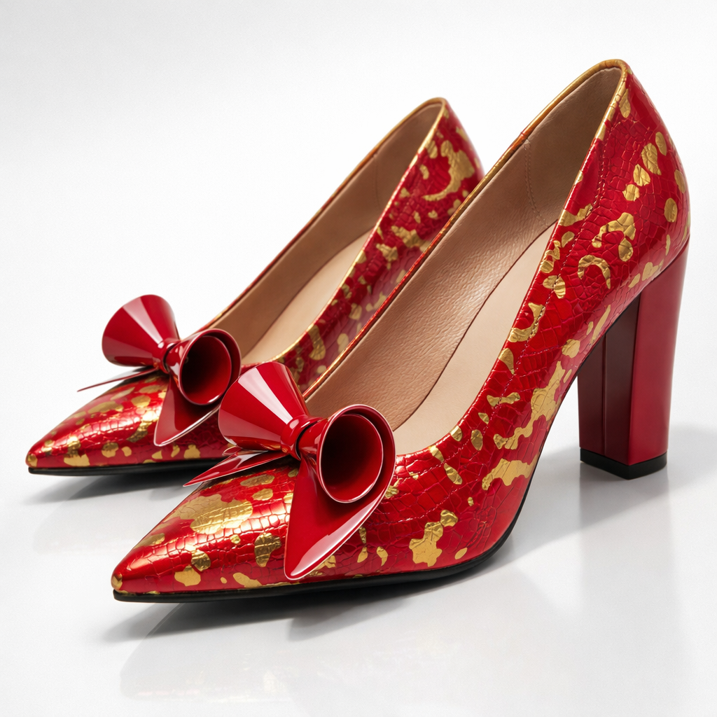 Women's Pointed Toe Pumps with Glossy Crocodile Upper and Wide Heel – Elegant Shoes