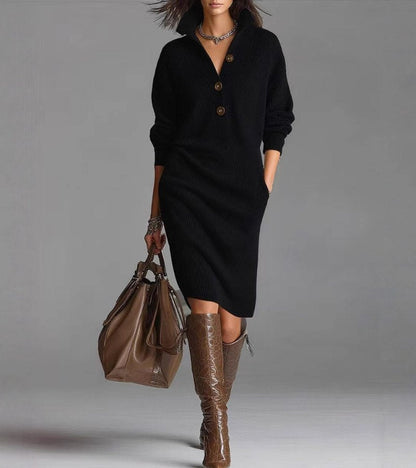 Abito Invernale Donna Maglia Colletto Bottoni Maniche Lunghe Tasche Laterali
