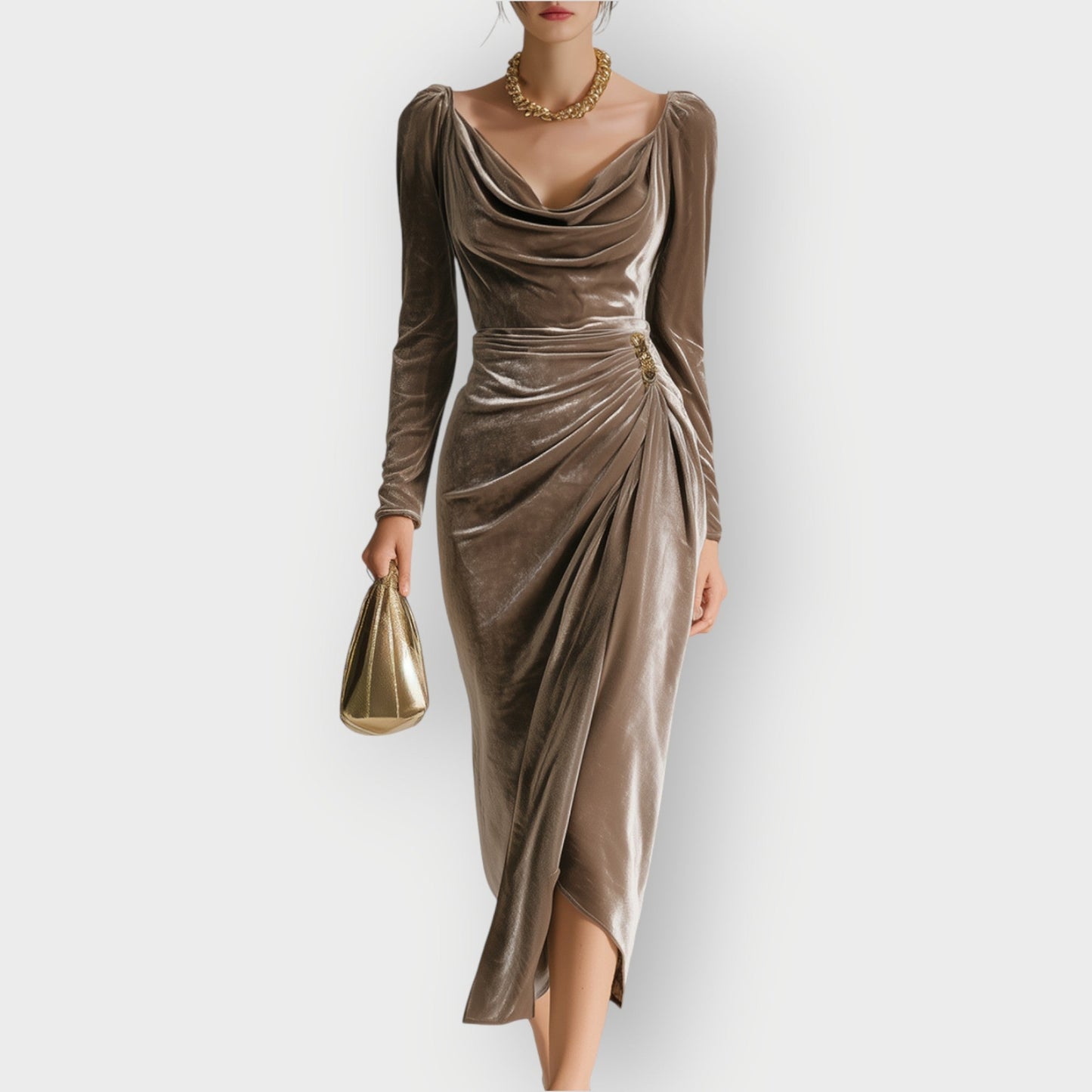 Women's Midi Draped Dress with Long Sleeves and Ruching