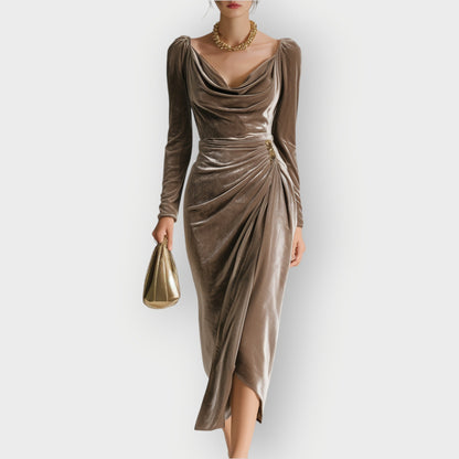 Women's Midi Draped Dress with Long Sleeves and Ruching