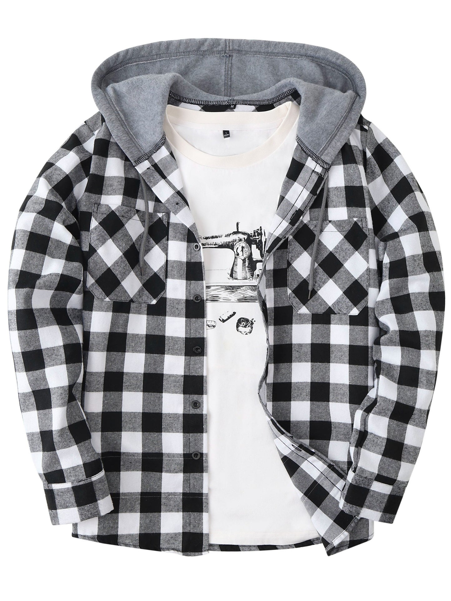Men's Autumn Flannel Shirt-Jacket with Hood and Checkered Pattern