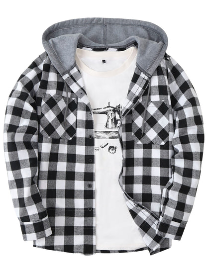 Men's Autumn Flannel Shirt-Jacket with Hood and Checkered Pattern