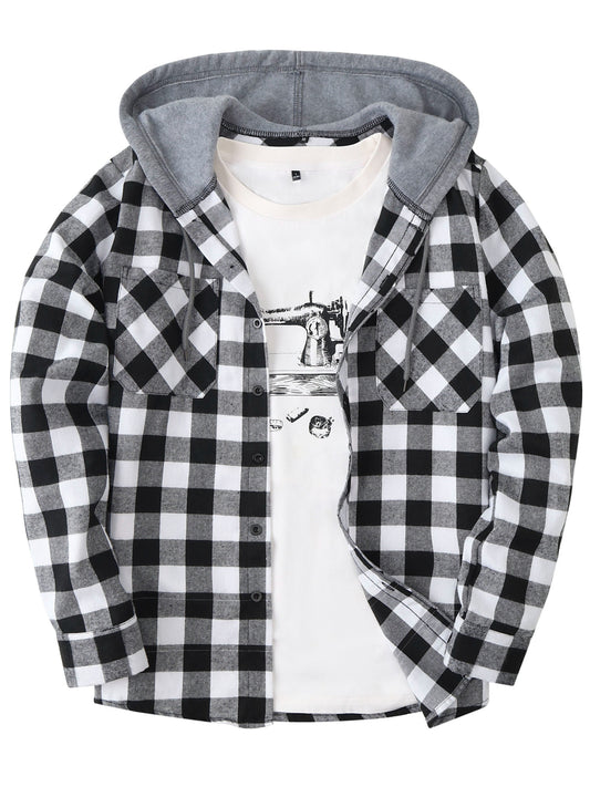 Men's Autumn Flannel Shirt-Jacket with Hood and Checkered Pattern