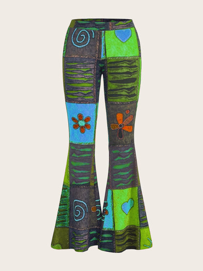 Pantalones de mujer bootcut estampados con motivo abstracto y cintura media