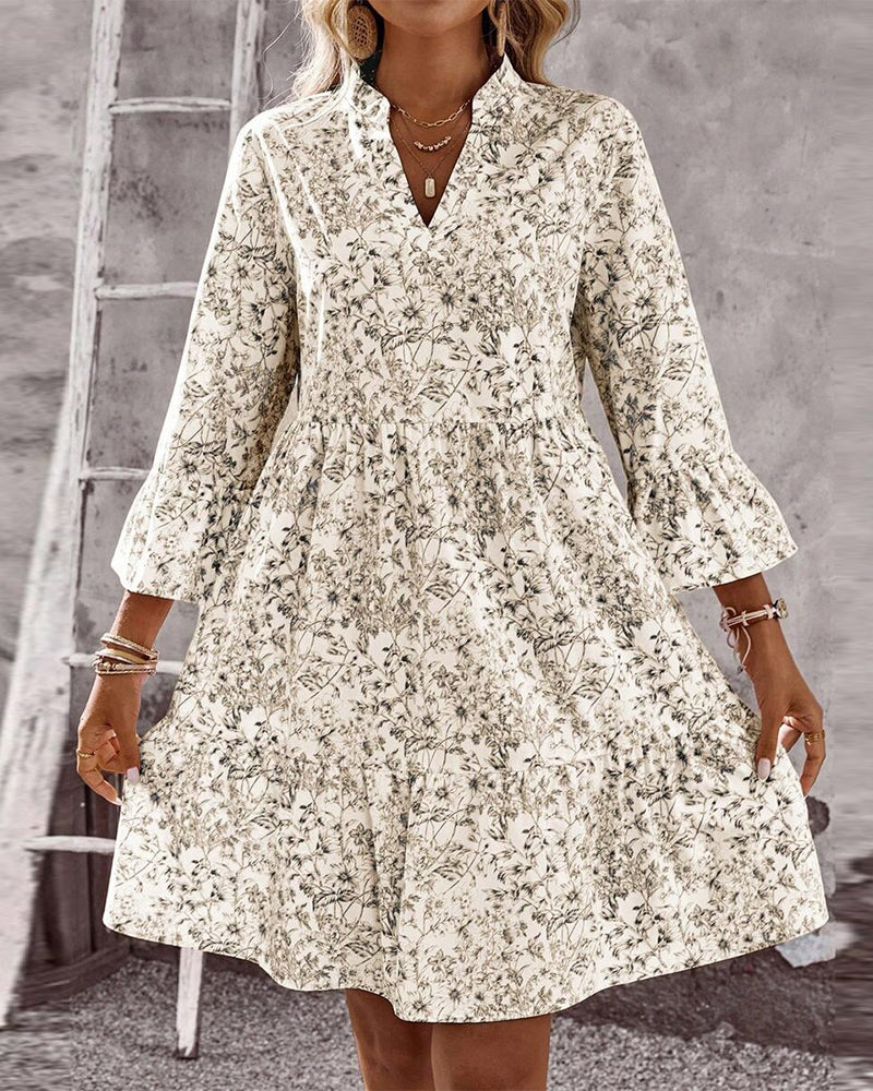 Women's Spring Dress with High Neckline, Flounce Sleeves, and Floral Print