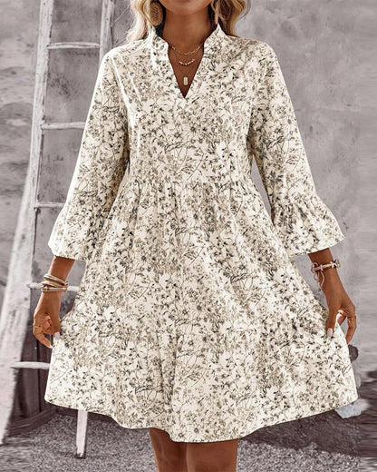 Women's Spring Dress with High Neckline, Flounce Sleeves, and Floral Print