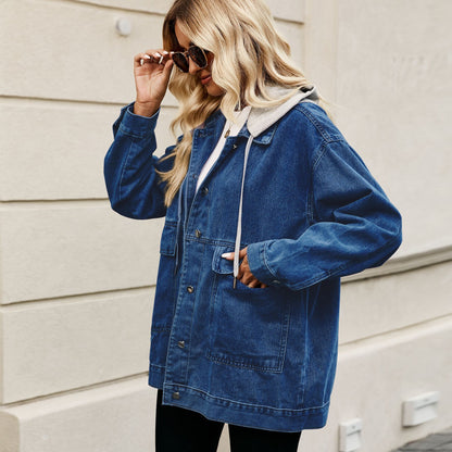 Women's Spring Denim Jacket with Detachable Hood and Loose Fit