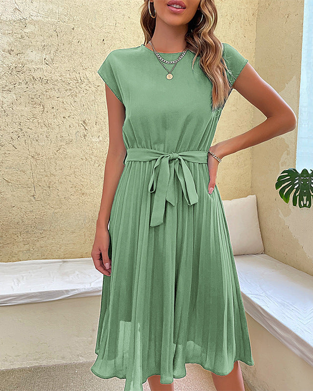 Pleated Women's Summer Dress with Round Neckline and Waist Belt