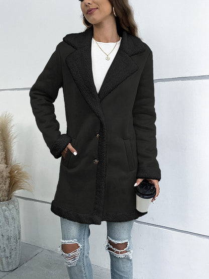 Women's Long Winter Coat with Notched Collar and Suede Effect Finish