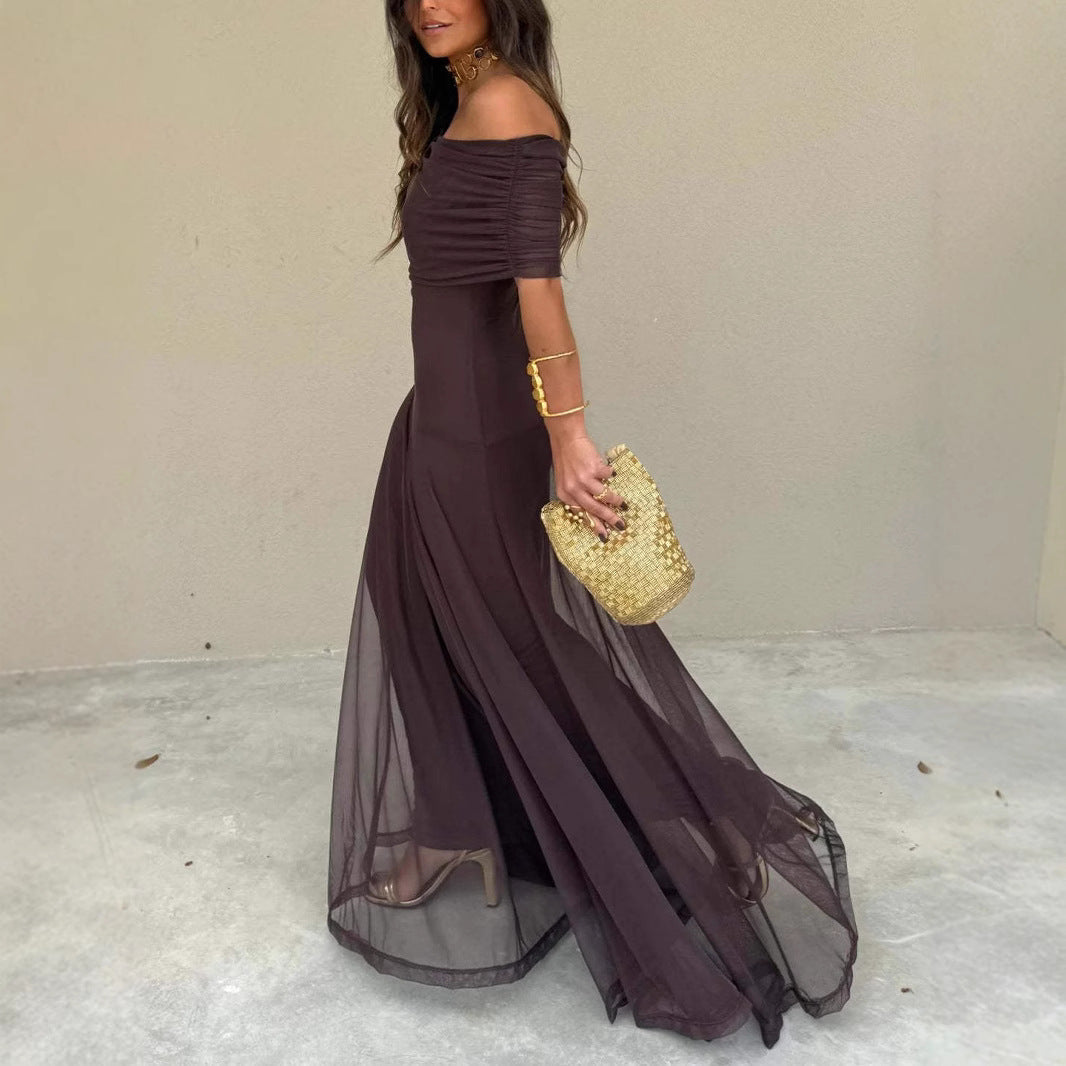 Women’s Long Strapless Dress with Mesh Panels and Full Skirt