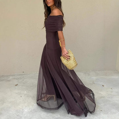 Women’s Long Strapless Dress with Mesh Panels and Full Skirt