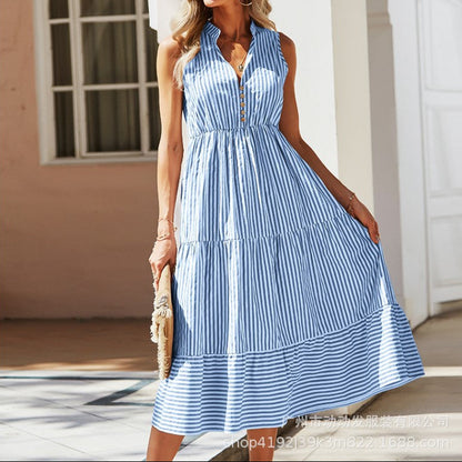 Women's Sleeveless Vertical Stripe Midi Dress with High Waist – Elegant A-Line Dress