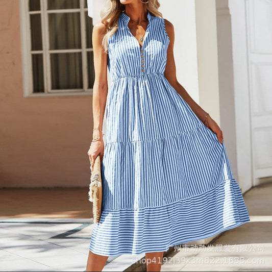 Women's Sleeveless Vertical Stripe Midi Dress with High Waist – Elegant A-Line Dress