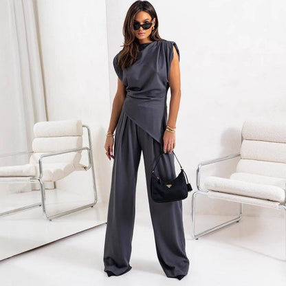 Women's Set with Irregular Blazer and Full-Length Pants – Solid Color