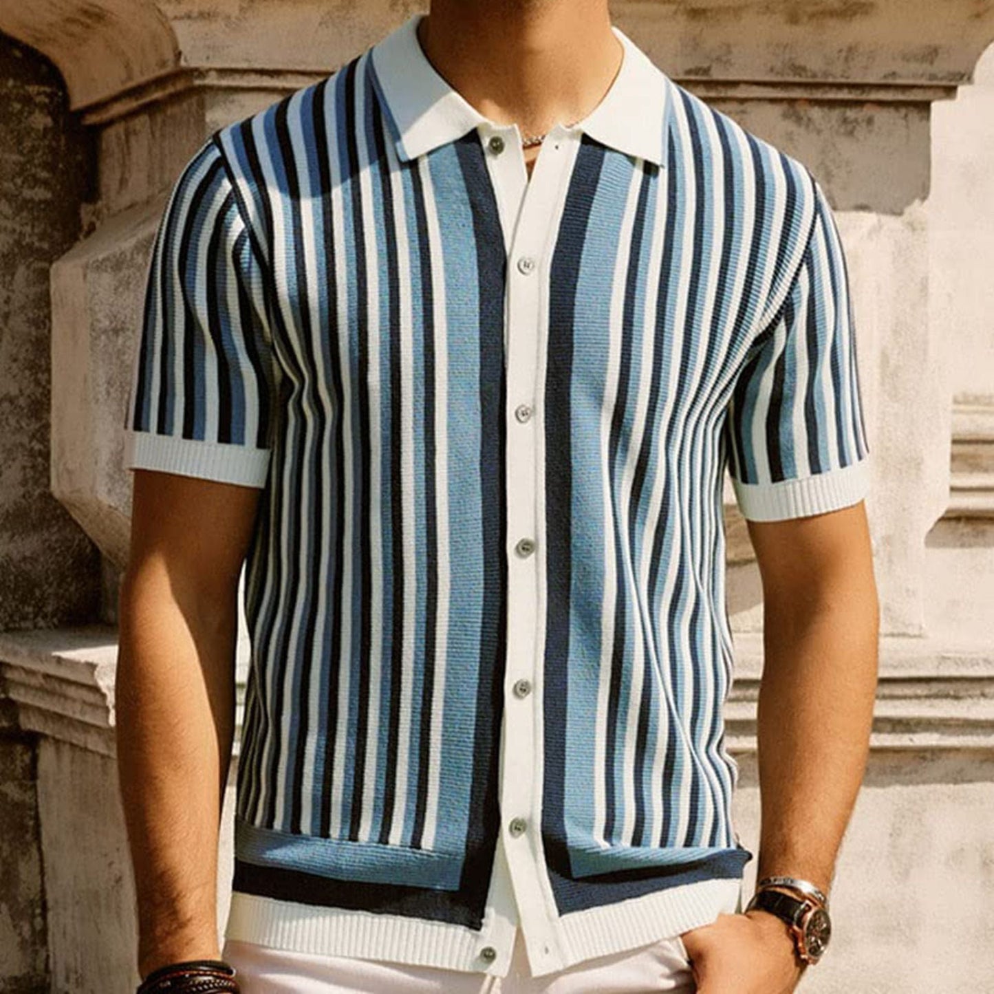 Men’s Striped Knit Polo Shirt with Classic Collar