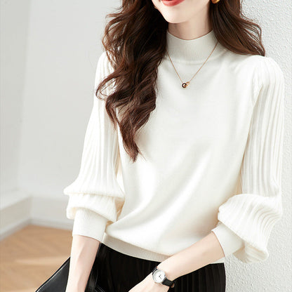 Women's Half-High Sweater with Long Sleeves and Striped Texture
