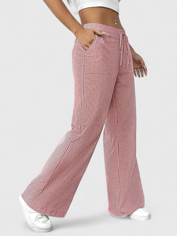 Women's Wide-Leg Pants with Elastic Waist, Drawstring, and Patch Pockets – Cotton Blend