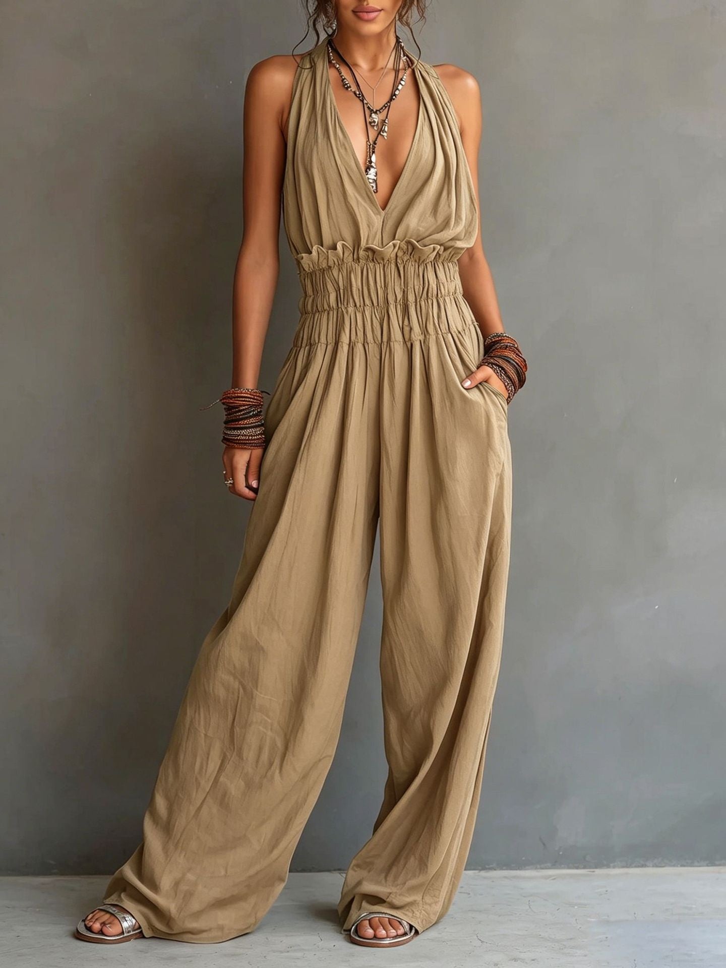Women’s V-Neck Jumpsuit with Halter Neck and Wide-Leg Pants