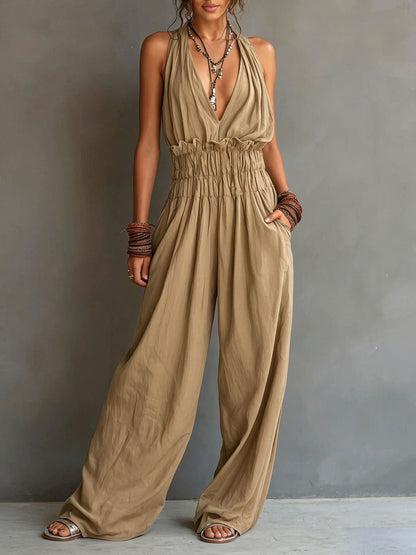 Women’s V-Neck Jumpsuit with Halter Neck and Wide-Leg Pants