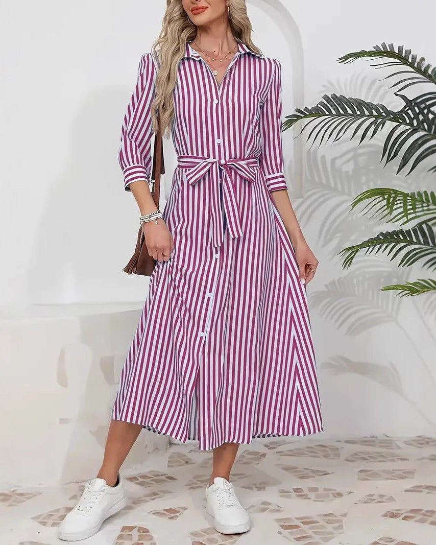 Vestido camisero de mujer a rayas con cuello de solapa y botones delanteros