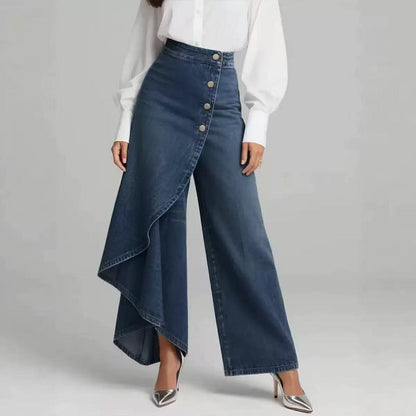 Falda pantalón vaquera de mujer, de denim lavado y cierre de botones