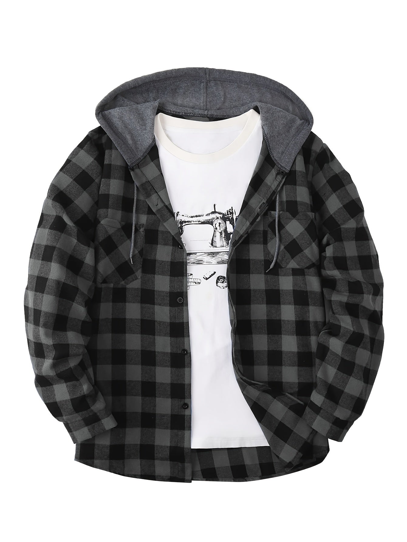 Men's Autumn Flannel Shirt-Jacket with Hood and Checkered Pattern