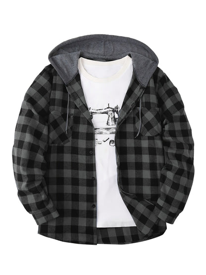 Men's Autumn Flannel Shirt-Jacket with Hood and Checkered Pattern